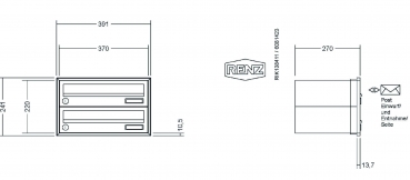 RENZ Briefkastenanlage Unterputz, Schattenfugenrahmen, Kastenformat 370x110x270mm, 2-teilig,